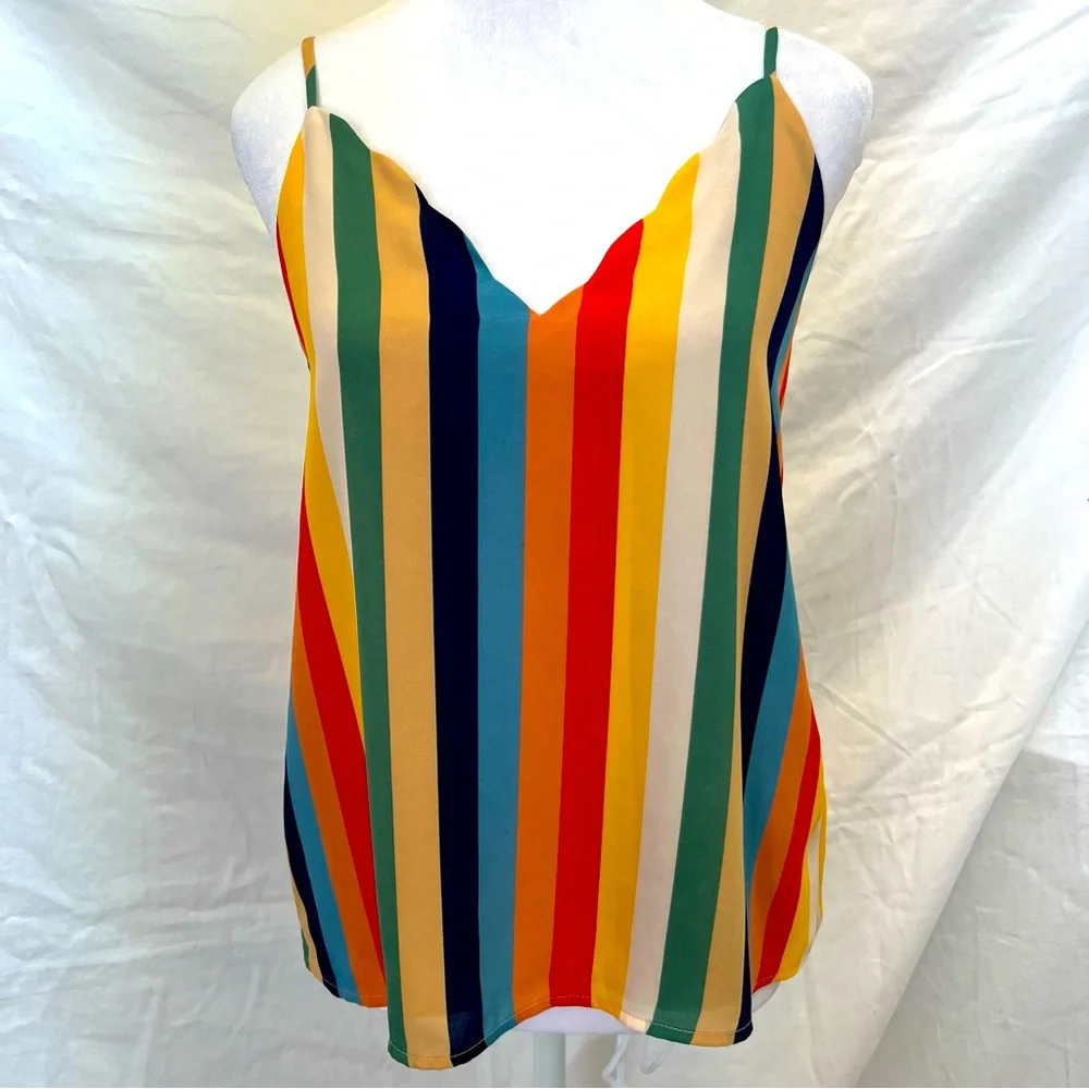 Socialite striped tank with adjustable straps and scalloped neckline. - Picture 2 of 8